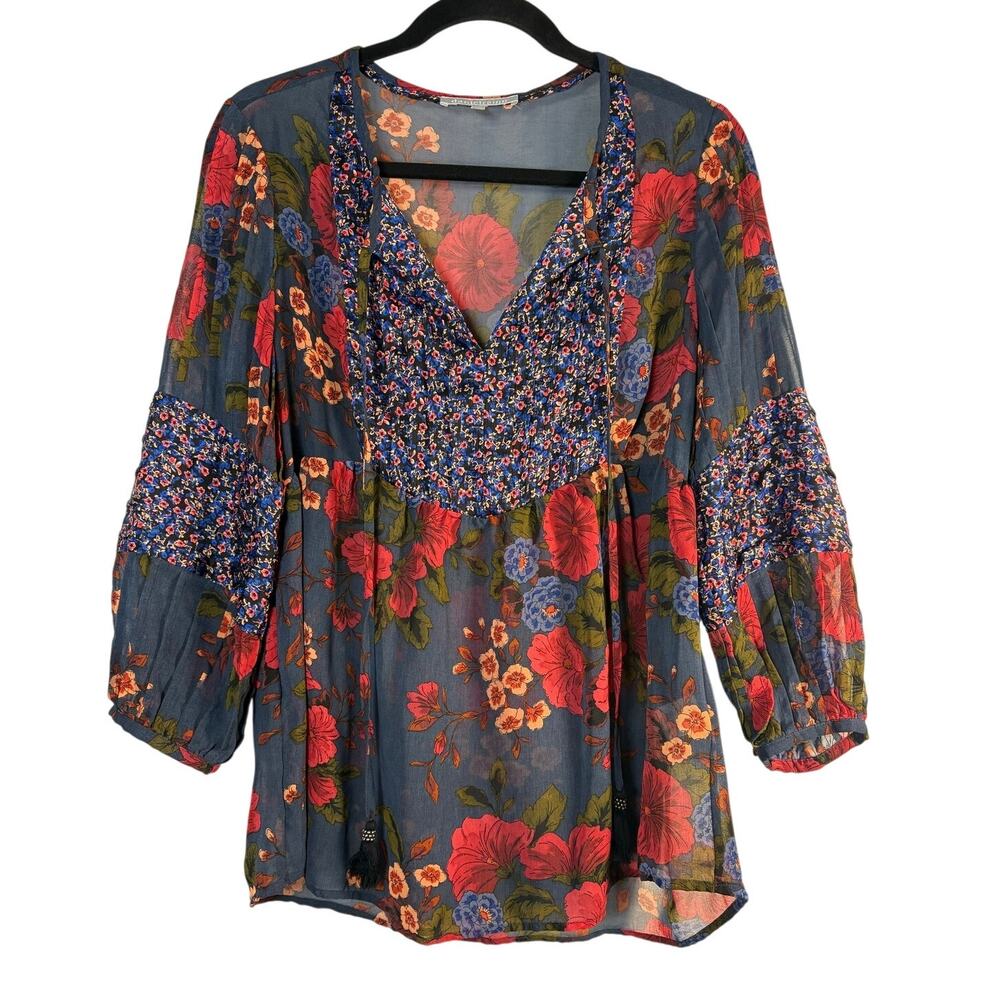 Daniel Rainn Boho Floral Chiffon Cottagecore Smocked Peasant Blouse Medium